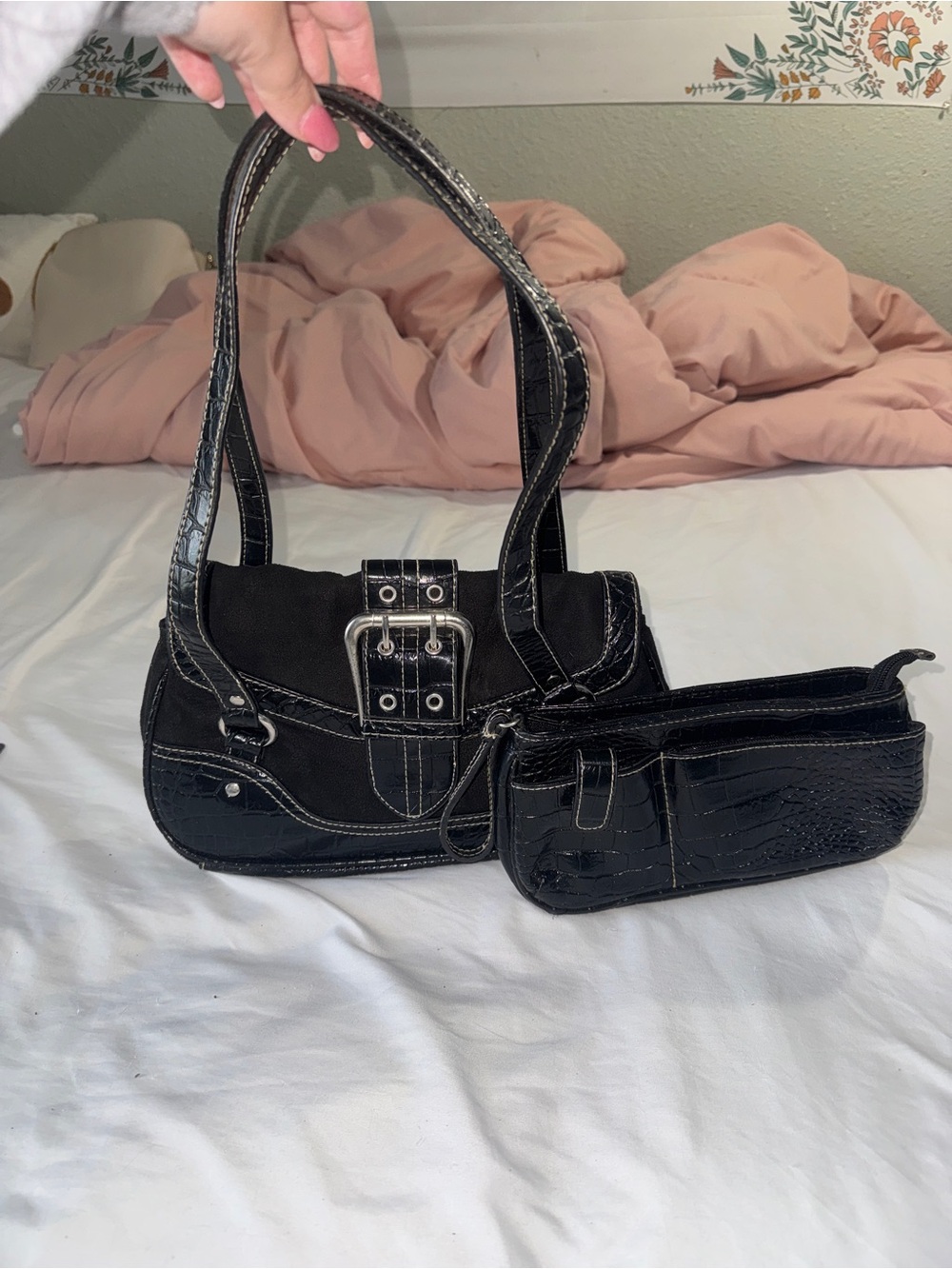 Vintage Y2K Black Utility Shoulder Bag & Faux Croc Pouch Set